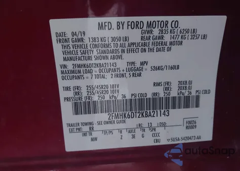 2019 Ford Flex Limited из США, поврежденный, VIN 2FMHK6DT2KBA21143